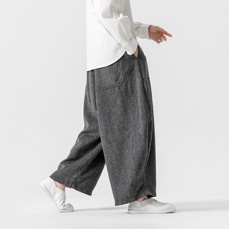 Buddha Stones Daily Solid Color Drawstring Design Men's Wide Leg Cotton Pants With Pockets