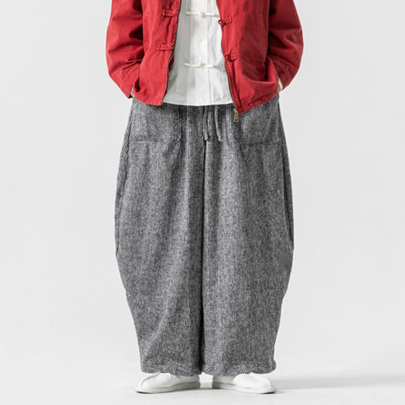 Buddha Stones Daily Solid Color Drawstring Design Men's Wide Leg Cotton Pants With Pockets