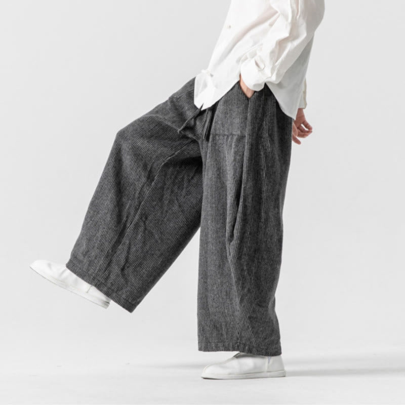 Buddha Stones Daily Solid Color Drawstring Design Men's Wide Leg Cotton Pants With Pockets