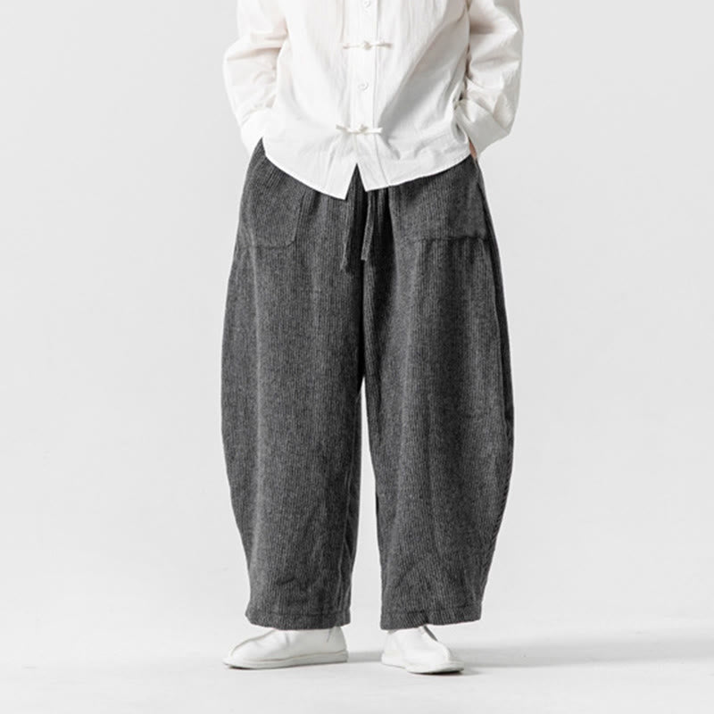 Buddha Stones Daily Solid Color Drawstring Design Men's Wide Leg Cotton Pants With Pockets