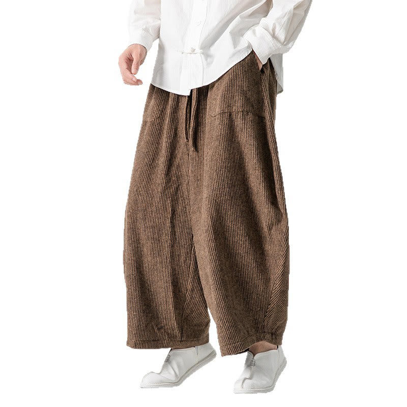 Buddha Stones Daily Solid Color Drawstring Design Men's Wide Leg Cotton Pants With Pockets