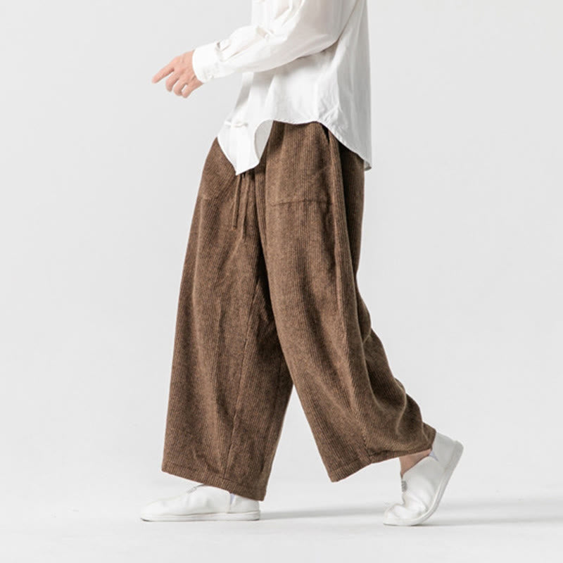 Buddha Stones Daily Solid Color Drawstring Design Men's Wide Leg Cotton Pants With Pockets
