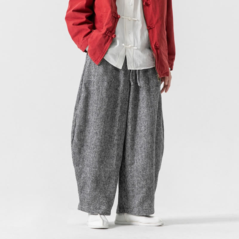 Buddha Stones Daily Solid Color Drawstring Design Men's Wide Leg Cotton Pants With Pockets