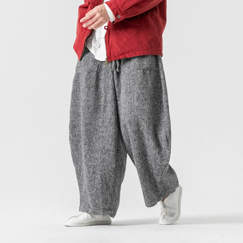 Buddha Stones Daily Solid Color Drawstring Design Men's Wide Leg Cotton Pants With Pockets