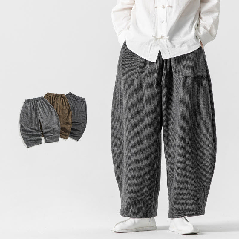 Buddha Stones Daily Solid Color Drawstring Design Men's Wide Leg Cotton Pants With Pockets