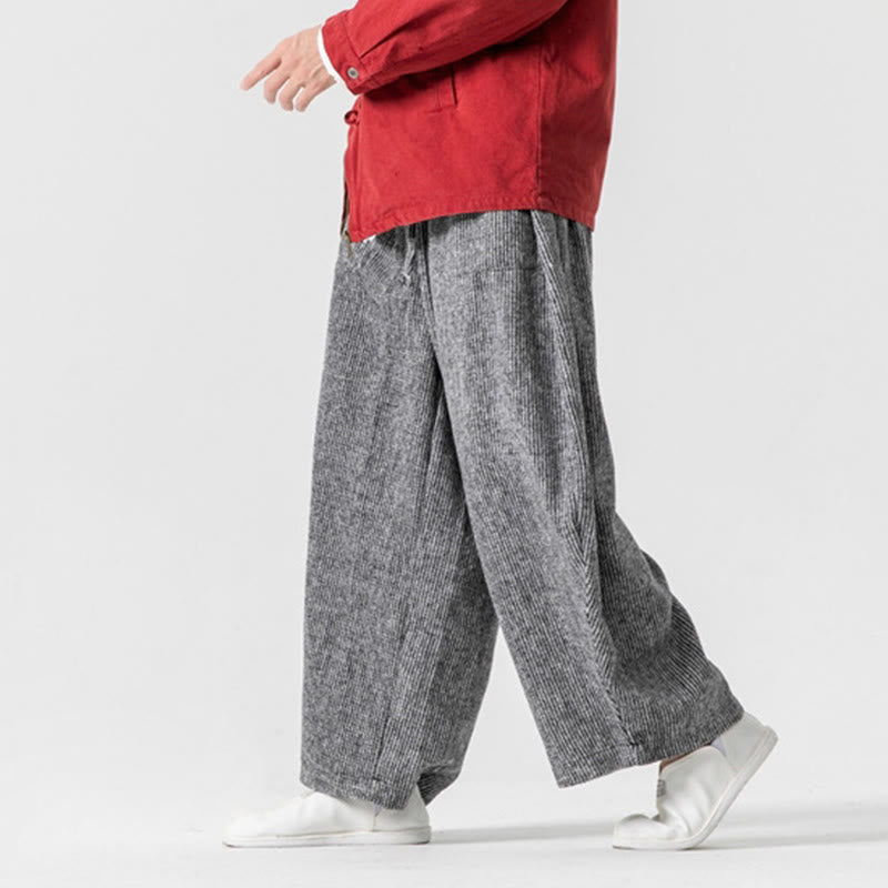 Buddha Stones Daily Solid Color Drawstring Design Men's Wide Leg Cotton Pants With Pockets