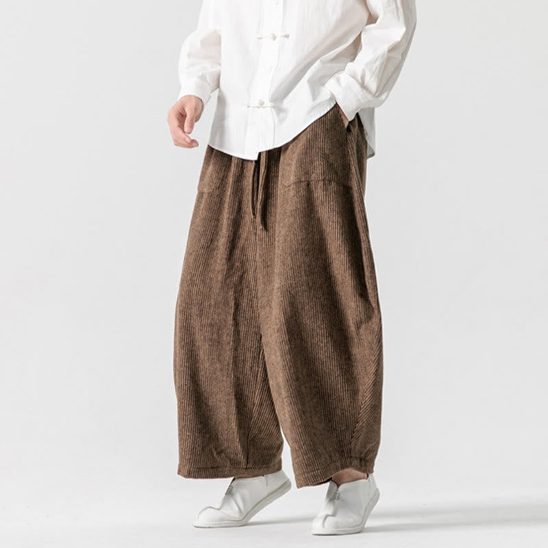 Buddha Stones Daily Solid Color Drawstring Design Men's Wide Leg Cotton Pants With Pockets