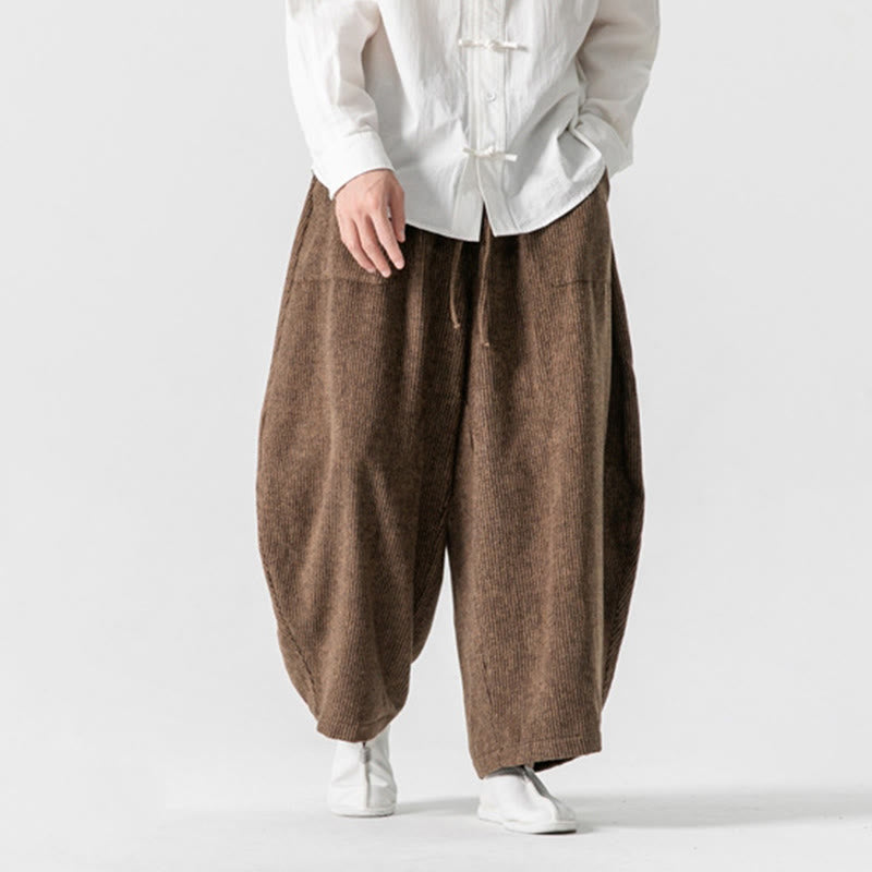 Buddha Stones Daily Solid Color Drawstring Design Men's Wide Leg Cotton Pants With Pockets
