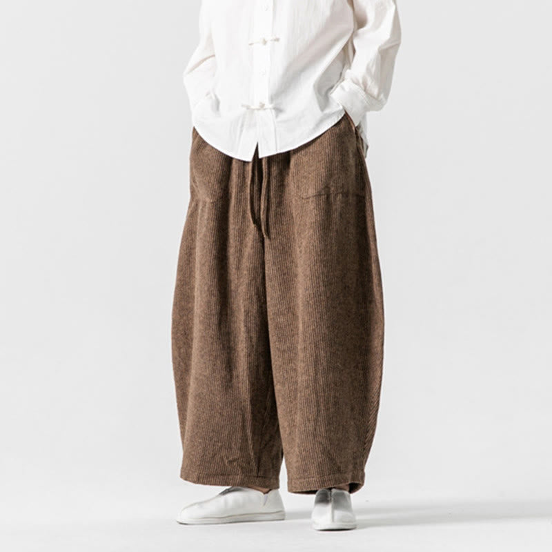 Buddha Stones Daily Solid Color Drawstring Design Men's Wide Leg Cotton Pants With Pockets