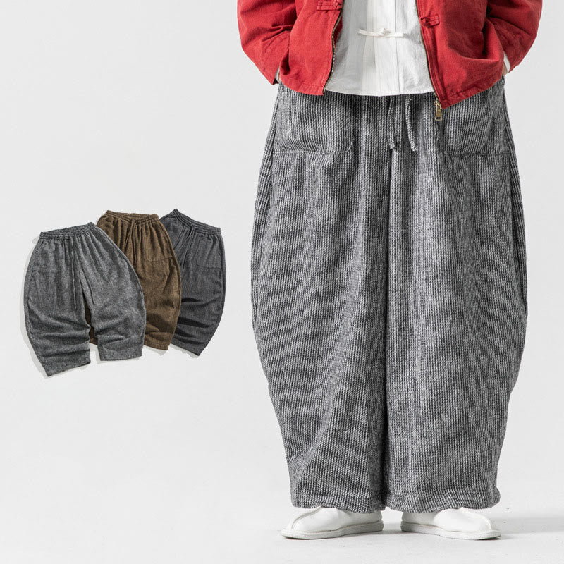 Buddha Stones Daily Solid Color Drawstring Design Men's Wide Leg Cotton Pants With Pockets