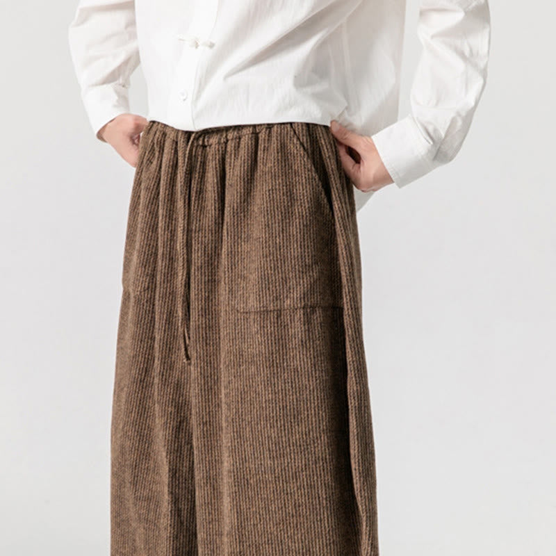 Buddha Stones Daily Solid Color Drawstring Design Men's Wide Leg Cotton Pants With Pockets