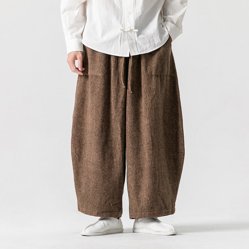 Buddha Stones Daily Solid Color Drawstring Design Men's Wide Leg Cotton Pants With Pockets