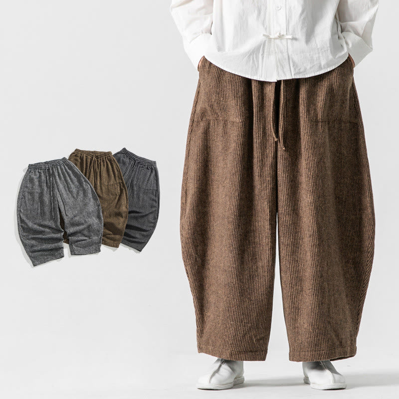 Buddha Stones Daily Solid Color Drawstring Design Men's Wide Leg Cotton Pants With Pockets