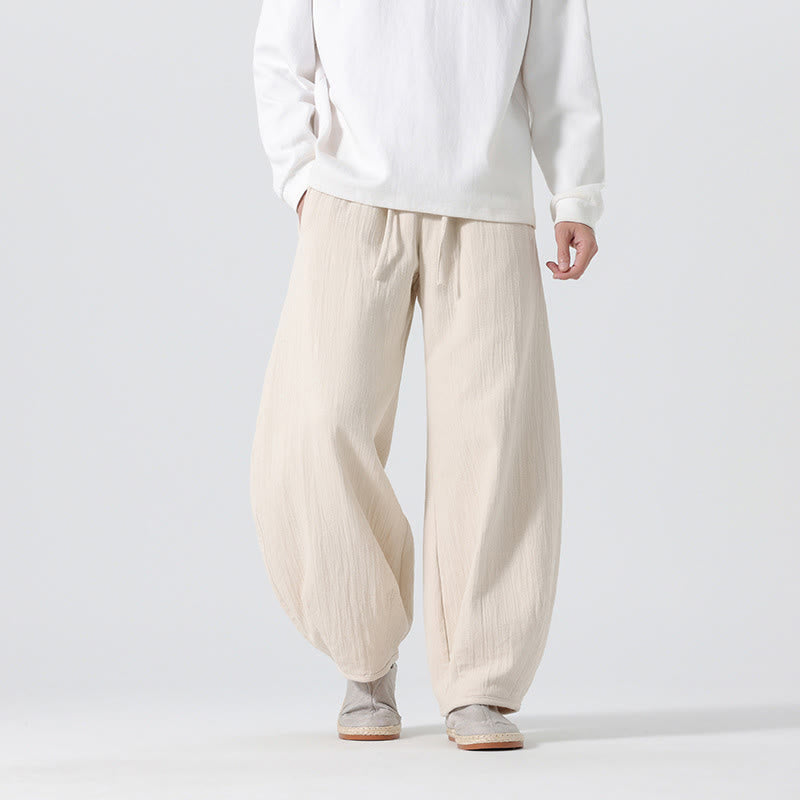 Buddha Stones Daily Drawstring Chinese Zen Style Men's Wide Leg Pure Cotton Pants With Pockets