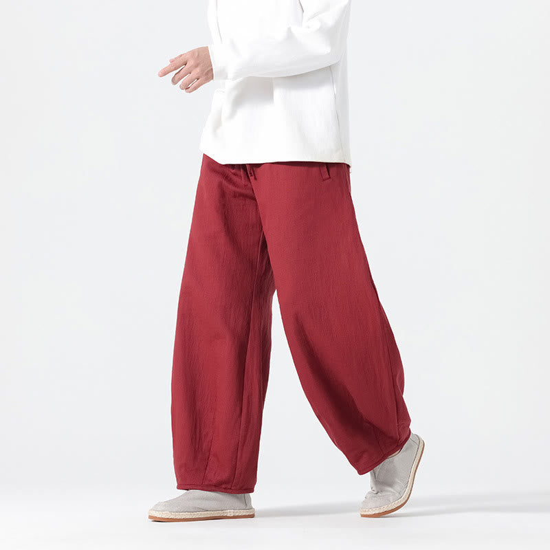 Buddha Stones Daily Drawstring Chinese Zen Style Men's Wide Leg Pure Cotton Pants With Pockets
