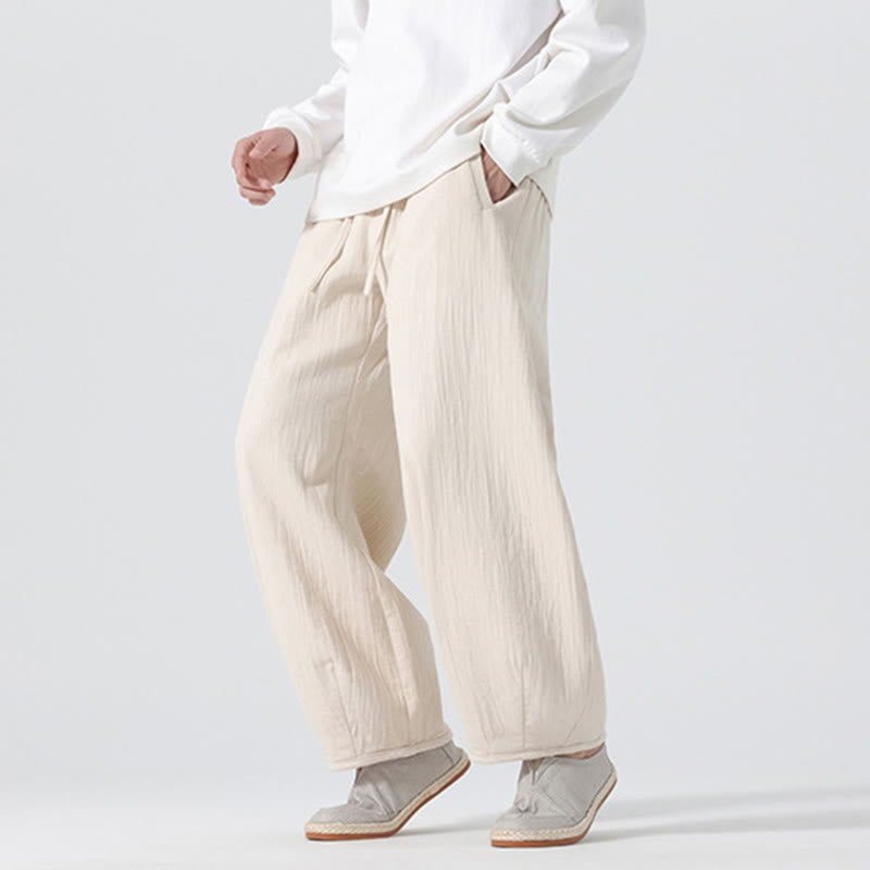 Buddha Stones Daily Drawstring Chinese Zen Style Men's Wide Leg Pure Cotton Pants With Pockets
