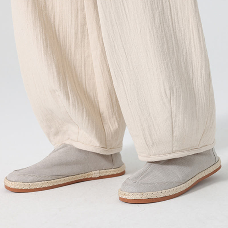 Buddha Stones Daily Drawstring Chinese Zen Style Men's Wide Leg Pure Cotton Pants With Pockets