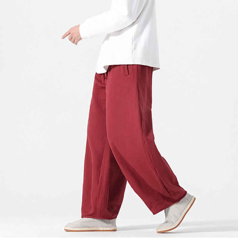 Buddha Stones Daily Drawstring Chinese Zen Style Men's Wide Leg Pure Cotton Pants With Pockets