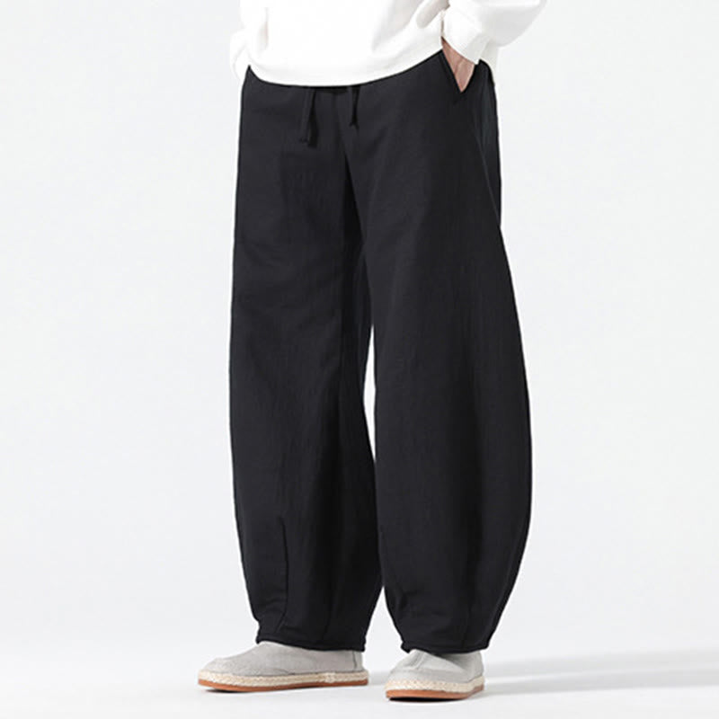 Buddha Stones Daily Drawstring Chinese Zen Style Men's Wide Leg Pure Cotton Pants With Pockets