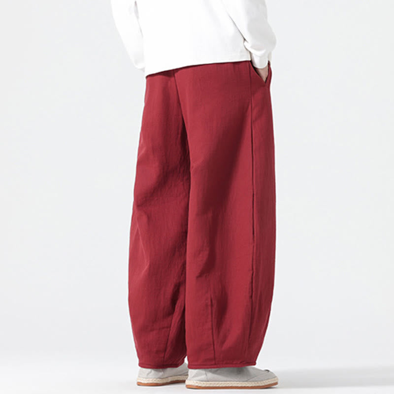 Buddha Stones Daily Drawstring Chinese Zen Style Men's Wide Leg Pure Cotton Pants With Pockets