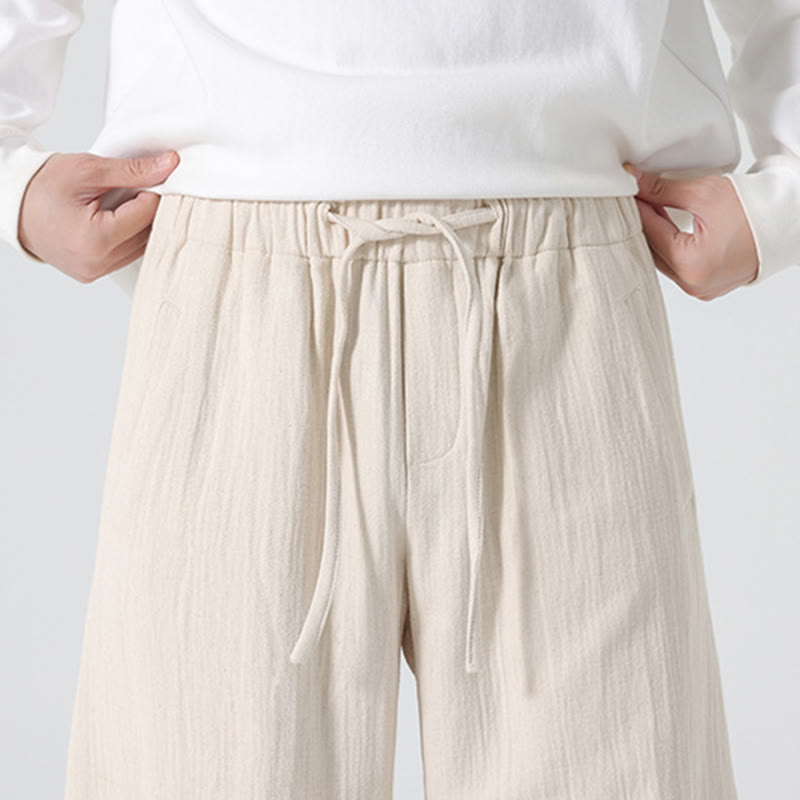Buddha Stones Daily Drawstring Chinese Zen Style Men's Wide Leg Pure Cotton Pants With Pockets