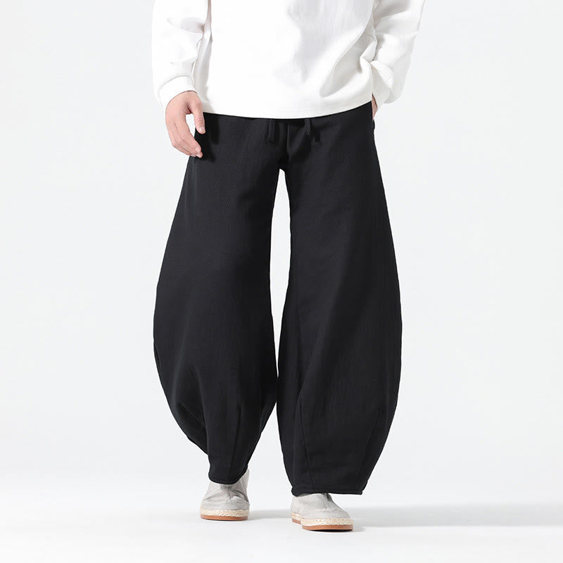 Buddha Stones Daily Drawstring Chinese Zen Style Men's Wide Leg Pure Cotton Pants With Pockets