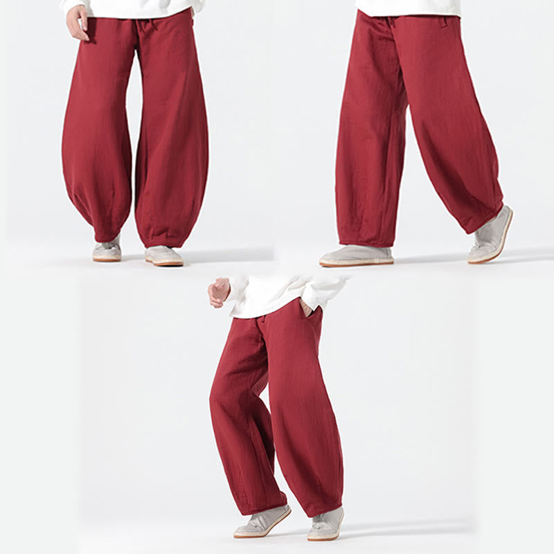 Buddha Stones Daily Drawstring Chinese Zen Style Men's Wide Leg Pure Cotton Pants With Pockets