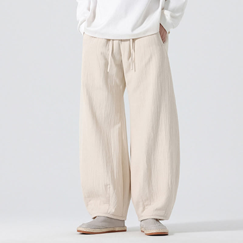 Buddha Stones Daily Drawstring Chinese Zen Style Men's Wide Leg Pure Cotton Pants With Pockets