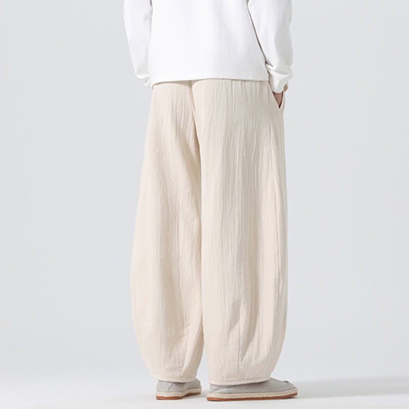 Buddha Stones Daily Drawstring Chinese Zen Style Men's Wide Leg Pure Cotton Pants With Pockets