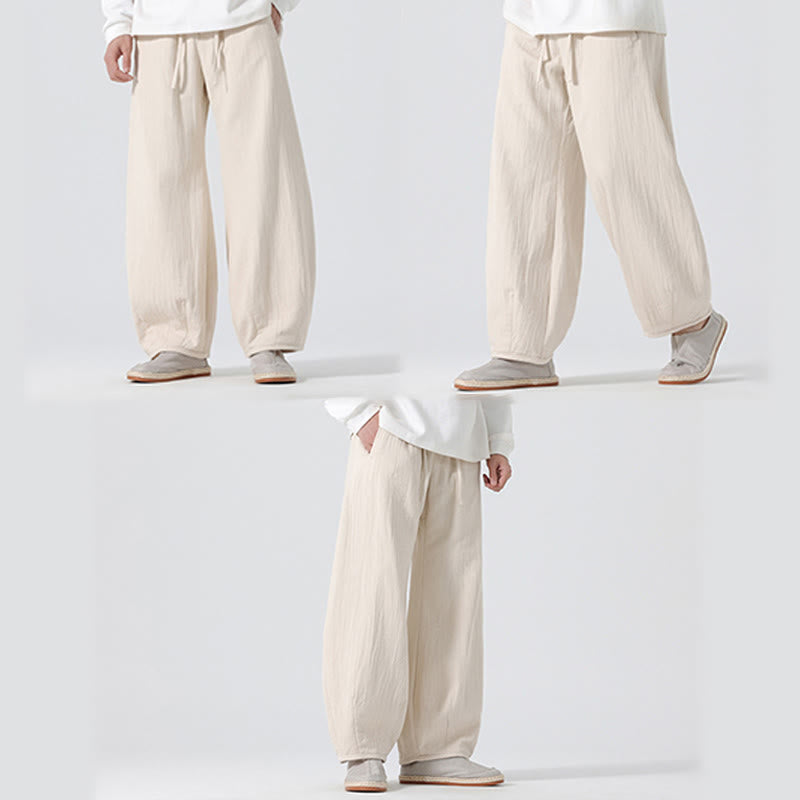 Buddha Stones Daily Drawstring Chinese Zen Style Men's Wide Leg Pure Cotton Pants With Pockets