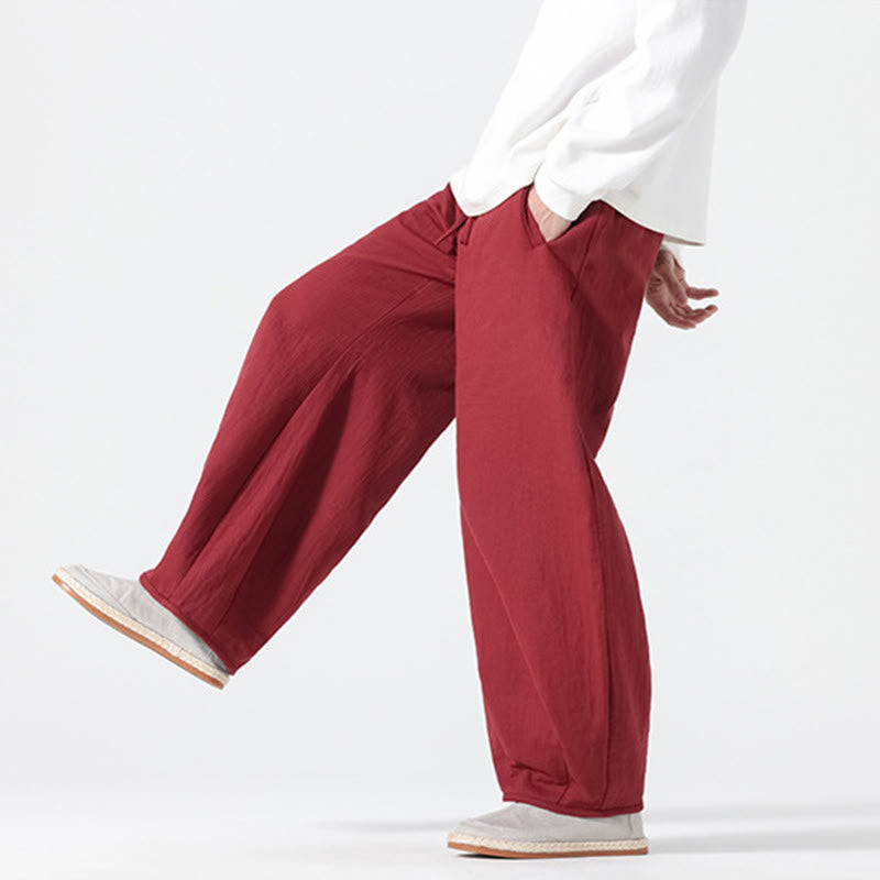 Buddha Stones Daily Drawstring Chinese Zen Style Men's Wide Leg Pure Cotton Pants With Pockets