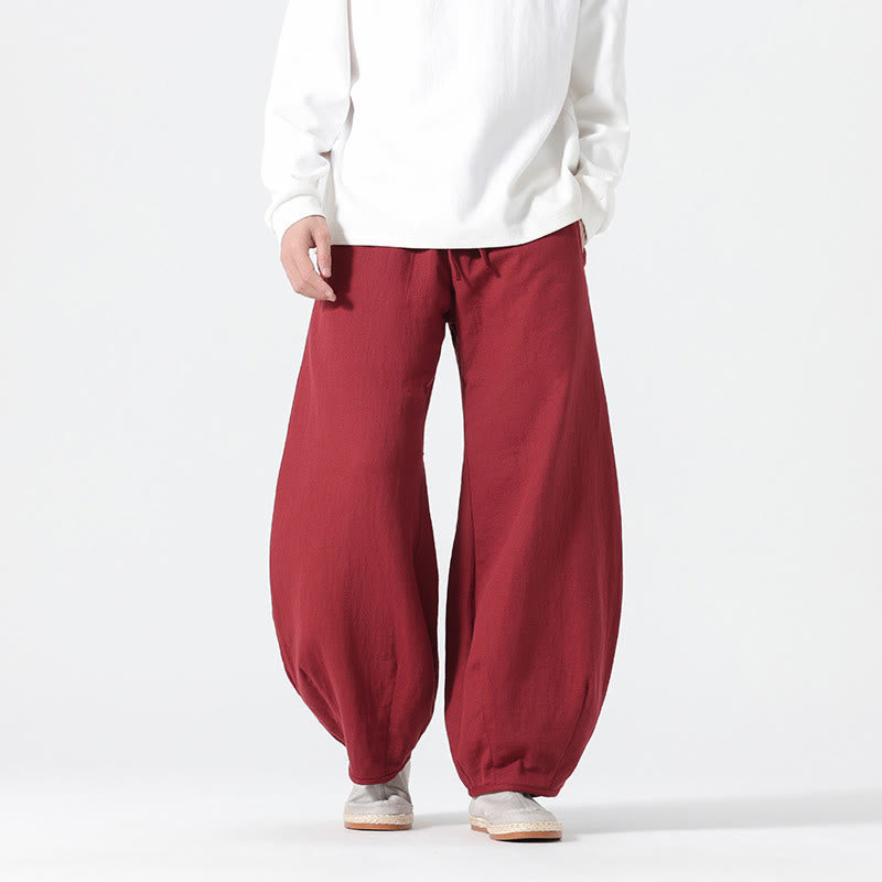 Buddha Stones Daily Drawstring Chinese Zen Style Men's Wide Leg Pure Cotton Pants With Pockets