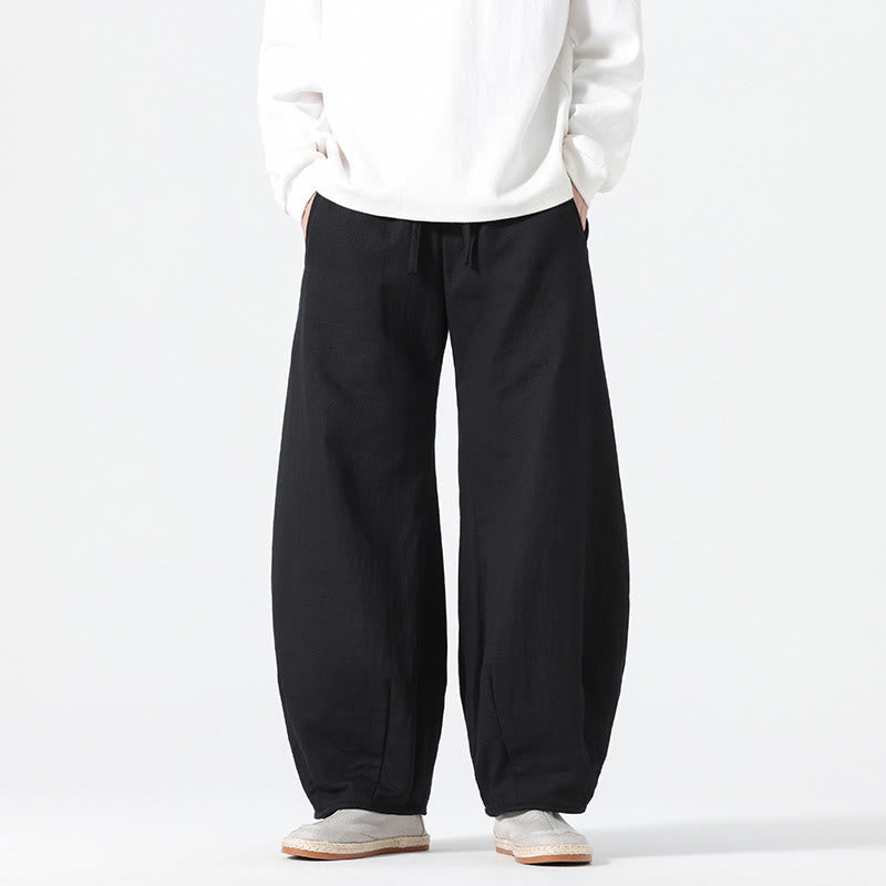 Buddha Stones Daily Drawstring Chinese Zen Style Men's Wide Leg Pure Cotton Pants With Pockets