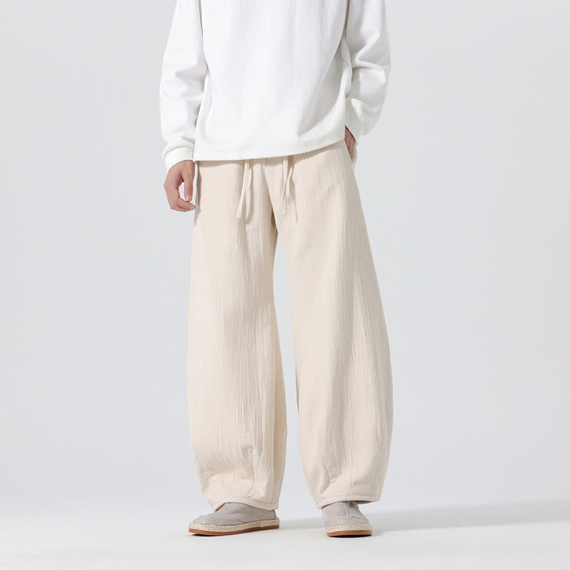 Buddha Stones Daily Drawstring Chinese Zen Style Men's Wide Leg Pure Cotton Pants With Pockets
