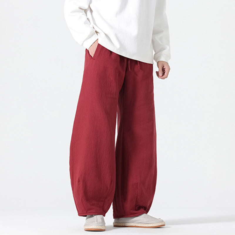 Buddha Stones Daily Drawstring Chinese Zen Style Men's Wide Leg Pure Cotton Pants With Pockets