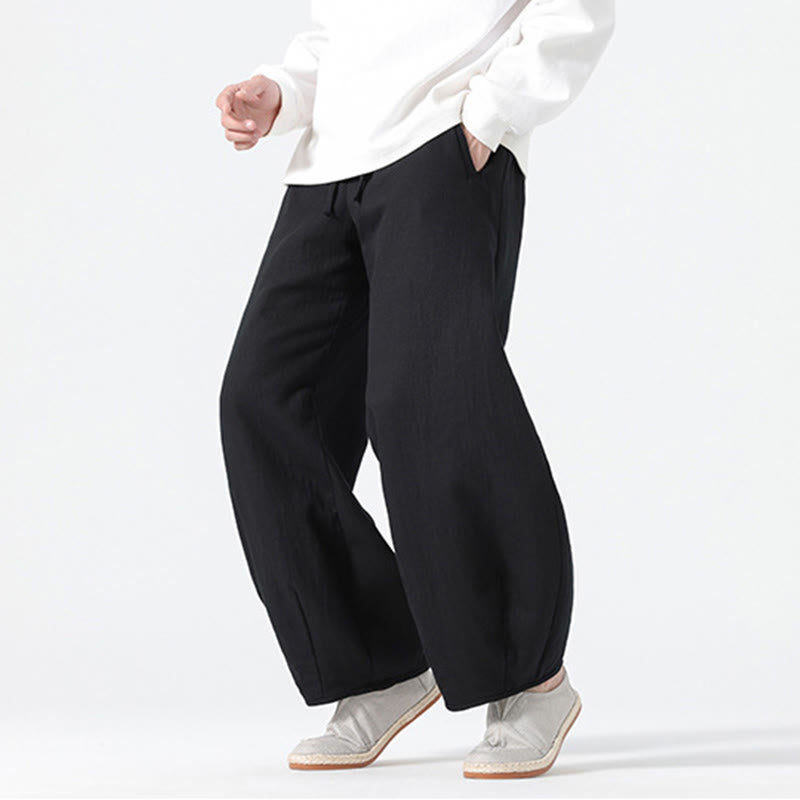 Buddha Stones Daily Drawstring Chinese Zen Style Men's Wide Leg Pure Cotton Pants With Pockets