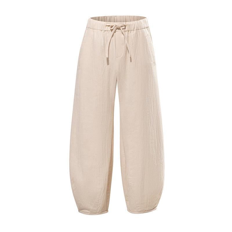 Buddha Stones Daily Drawstring Chinese Zen Style Men's Wide Leg Pure Cotton Pants With Pockets