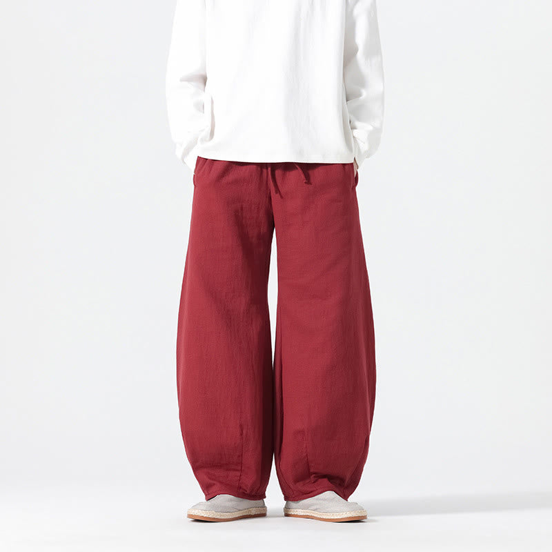 Buddha Stones Daily Drawstring Chinese Zen Style Men's Wide Leg Pure Cotton Pants With Pockets