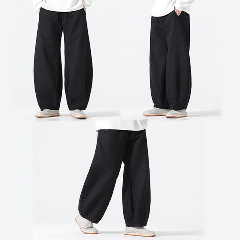 Buddha Stones Daily Drawstring Chinese Zen Style Men's Wide Leg Pure Cotton Pants With Pockets