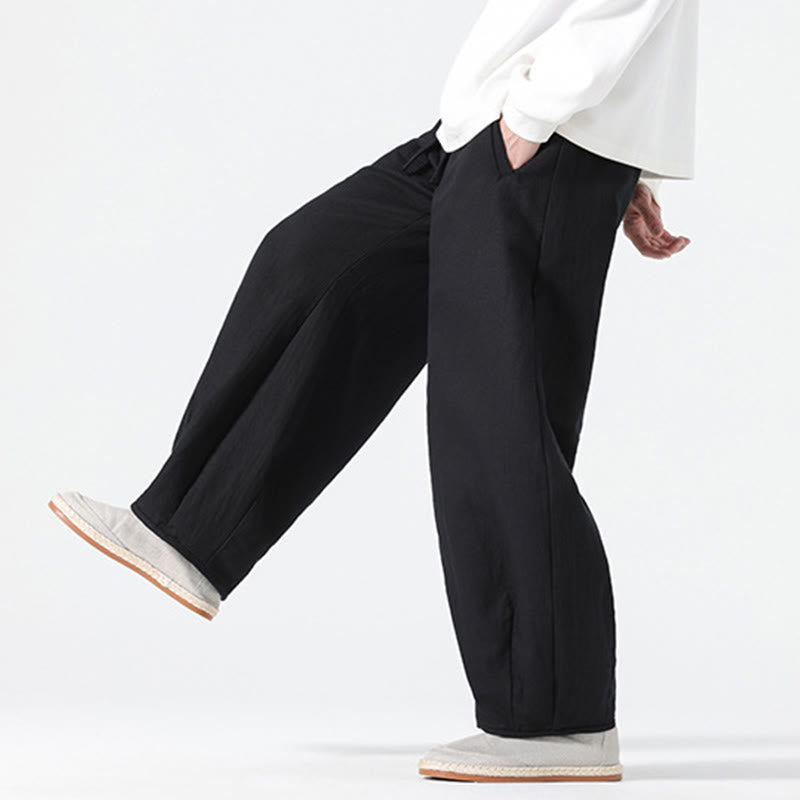 Buddha Stones Daily Drawstring Chinese Zen Style Men's Wide Leg Pure Cotton Pants With Pockets