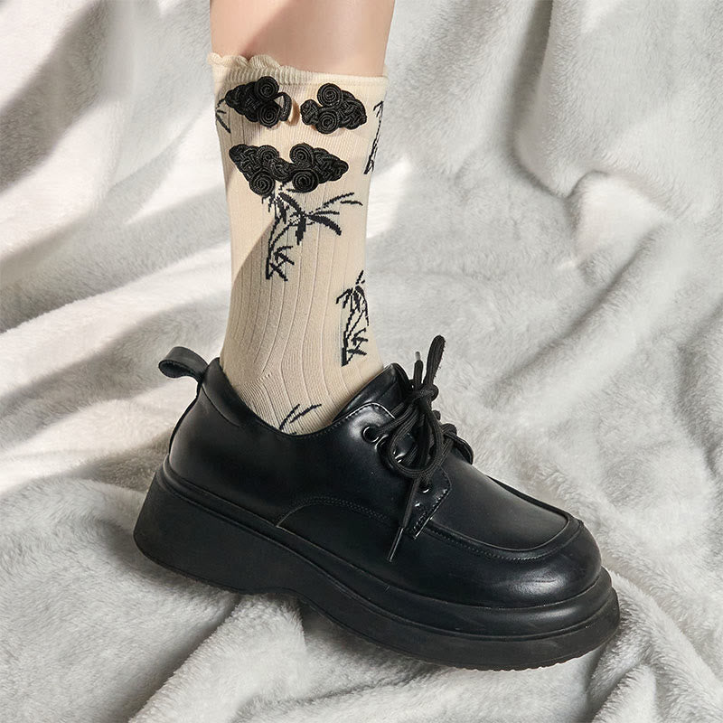 Buddha Stones Chinese Frog-Button Design Jacquard Bamboo Pattern Micro Crew Women's Socks