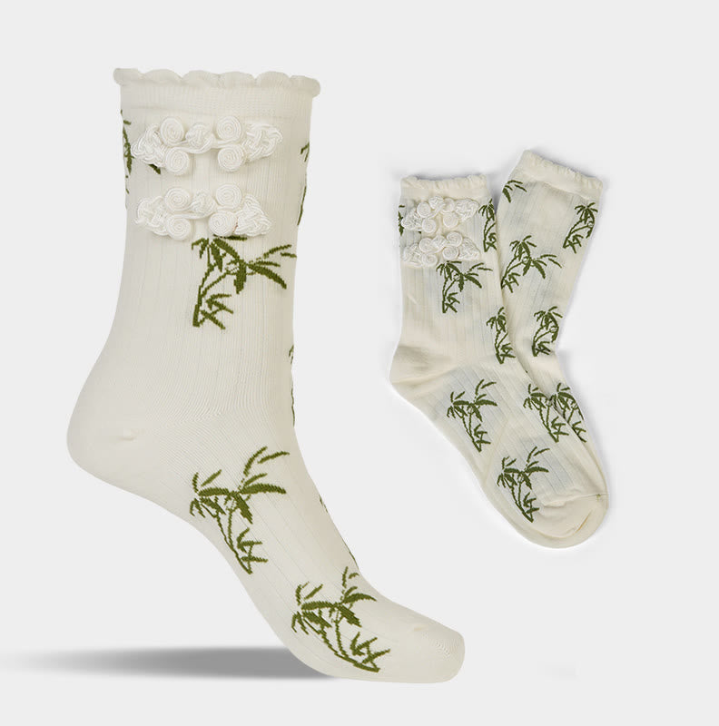 Buddha Stones Chinese Frog-Button Design Jacquard Bamboo Pattern Micro Crew Women's Socks