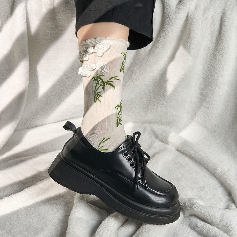 Buddha Stones Chinese Frog-Button Design Jacquard Bamboo Pattern Micro Crew Women's Socks