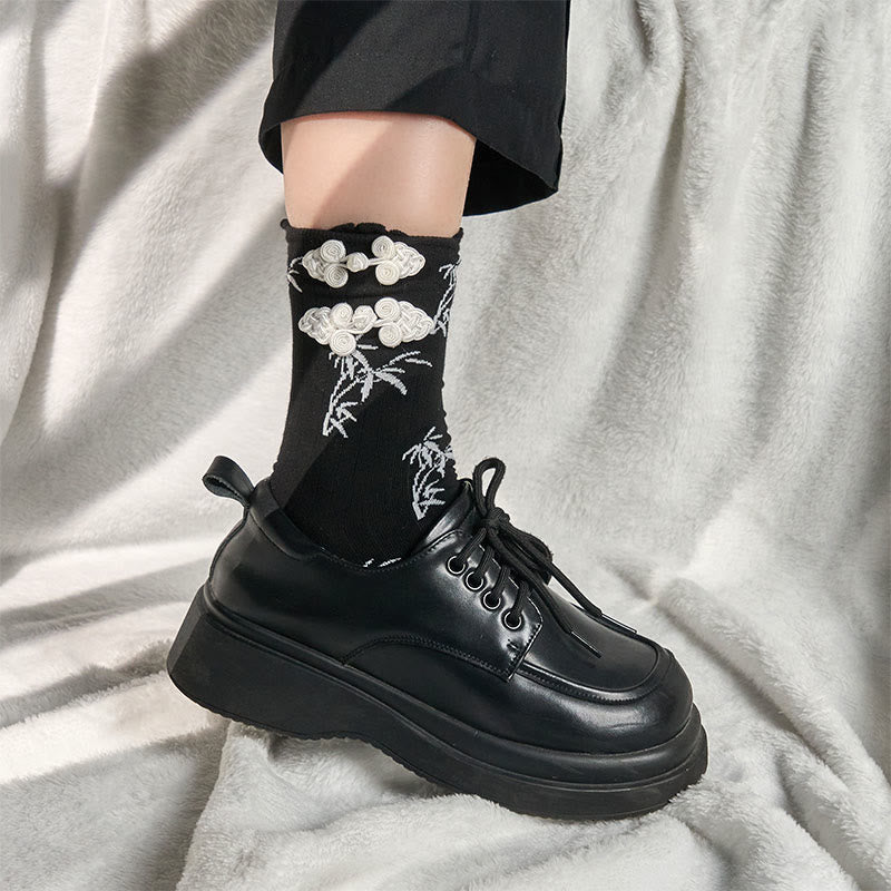 Buddha Stones Chinese Frog-Button Design Jacquard Bamboo Pattern Micro Crew Women's Socks