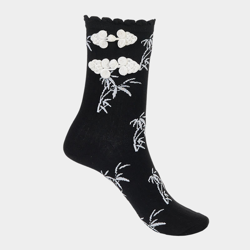 Buddha Stones Chinese Frog-Button Design Jacquard Bamboo Pattern Micro Crew Women's Socks