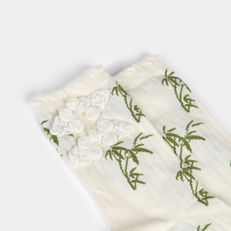Buddha Stones Chinese Frog-Button Design Jacquard Bamboo Pattern Micro Crew Women's Socks