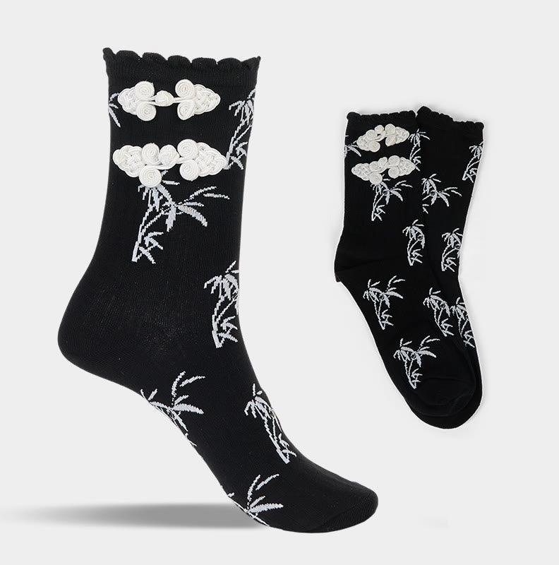 Buddha Stones Chinese Frog-Button Design Jacquard Bamboo Pattern Micro Crew Women's Socks
