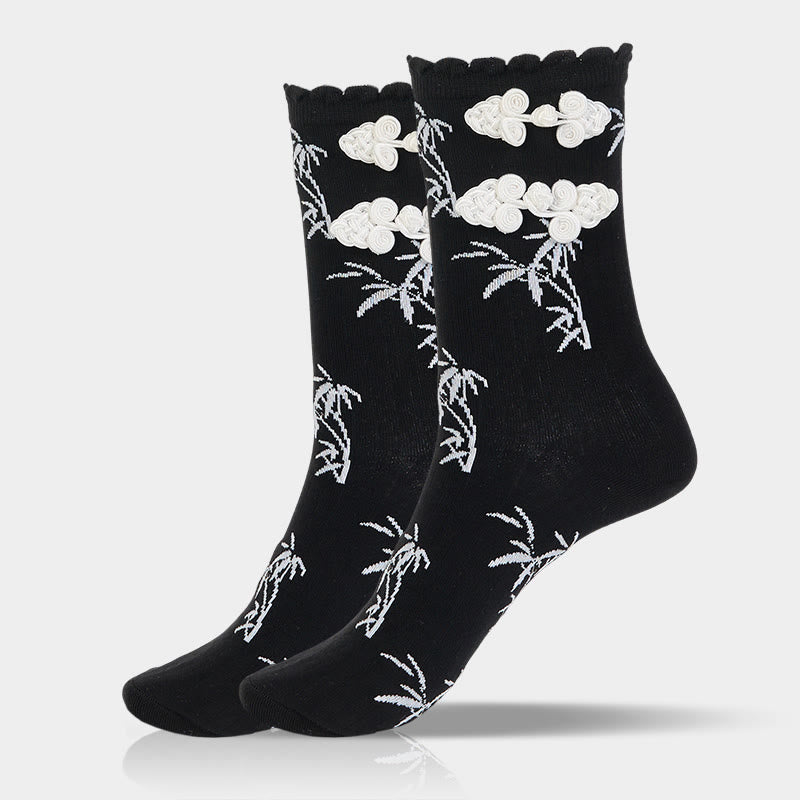 Buddha Stones Chinese Frog-Button Design Jacquard Bamboo Pattern Micro Crew Women's Socks
