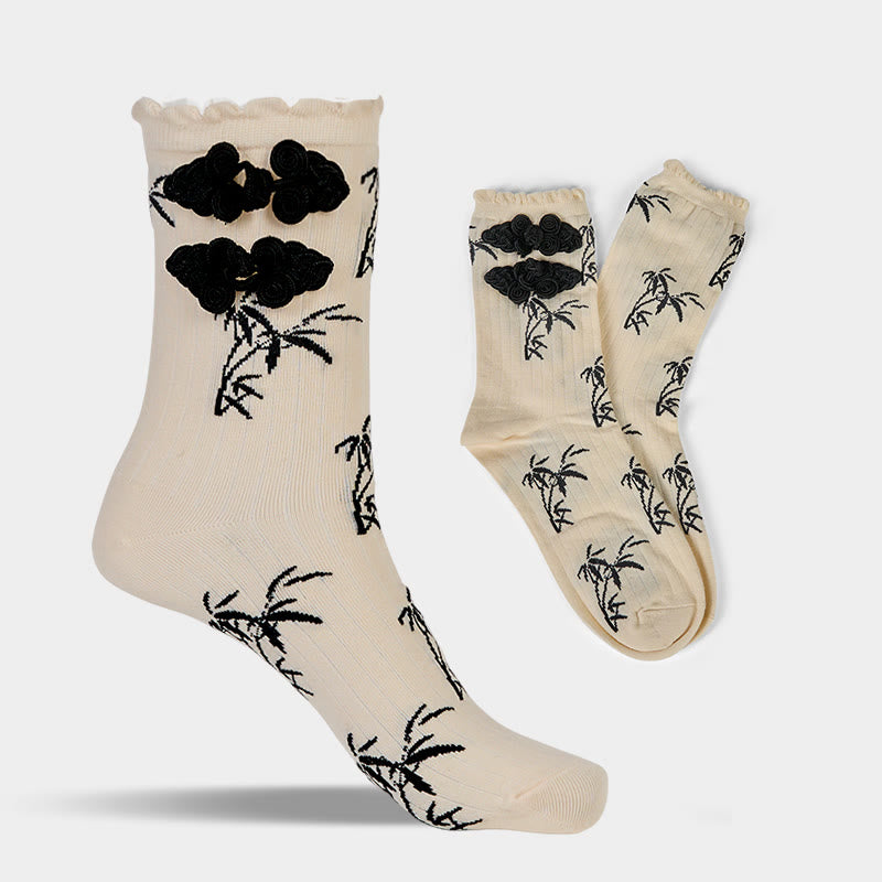 Buddha Stones Chinese Frog-Button Design Jacquard Bamboo Pattern Micro Crew Women's Socks