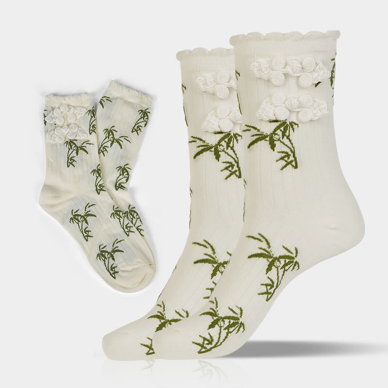 Buddha Stones Chinese Frog-Button Design Jacquard Bamboo Pattern Micro Crew Women's Socks